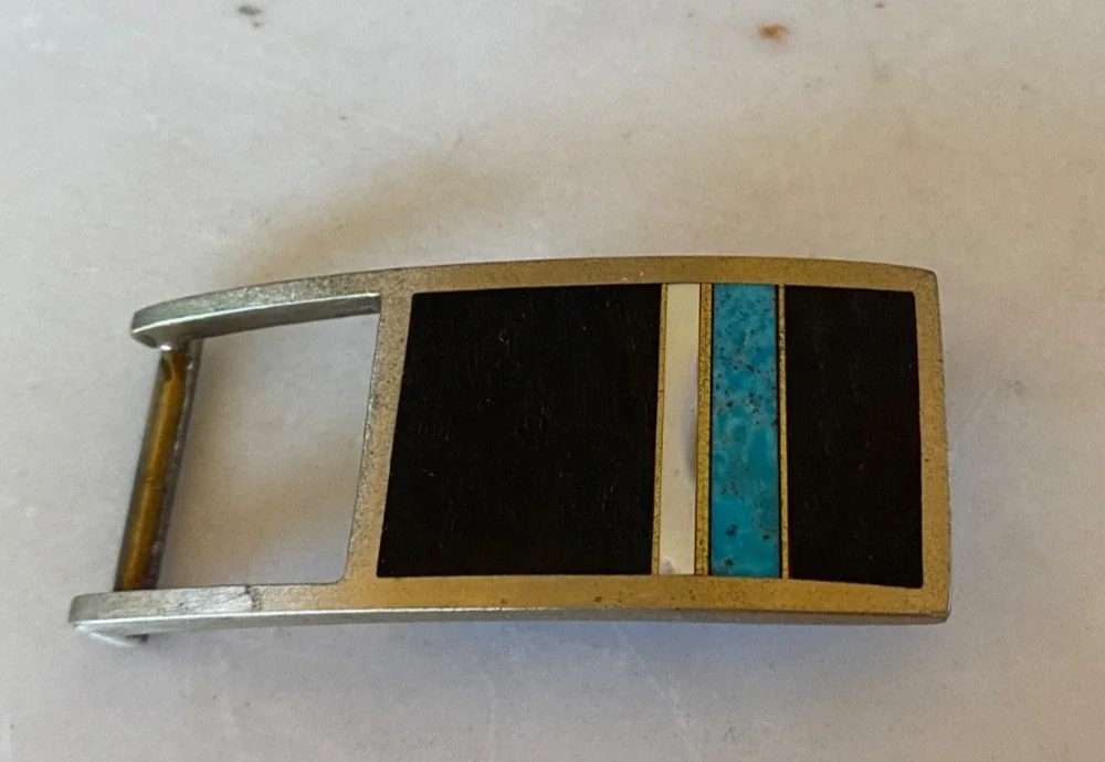 MIKE ROGERS Artist Custom Belt Buckle Albuquerque, NM, Vintage Brass Turquoise